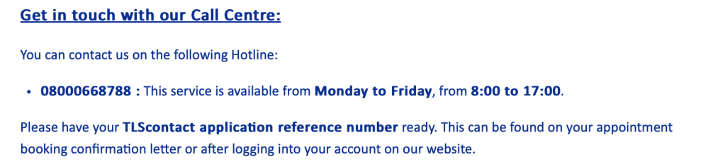 Thông tin của TLSContact để liên lạc khi xin visa Schengen từ UK 